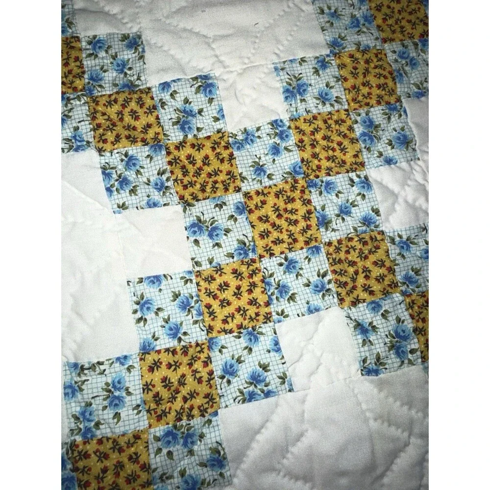 Vintage Handmade Granny Quilt embroidered Floral Blue Yellow Patchwork 91”x75”